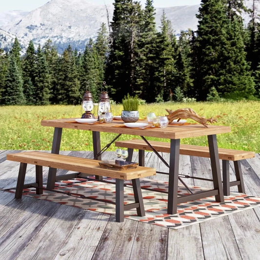 3 Piece Wood Outdoor Furniture Set with Two Benches and One Table