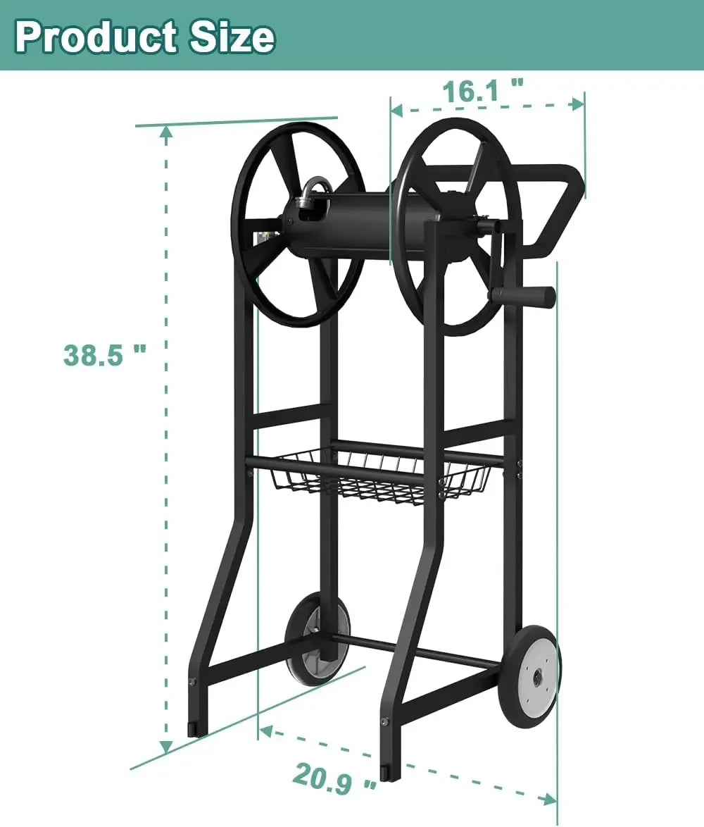 Garden Hose Reel Cart with Wheels Outdoor Heavy Duty Powder Coated Steel Water Winder Storage Holds 125 Ft 5/8 Inch Hoses with Leader Hose and Basket - Get Outside Today 25