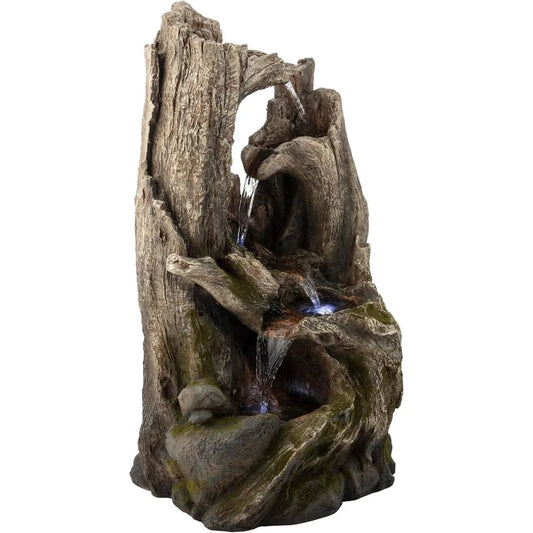 Win786 4 Tier Rainforest Tree Trunk Waterfall Fountain with LED Lights for Outdoor Garden Patio Yard and Porch Decor 40 Inches High