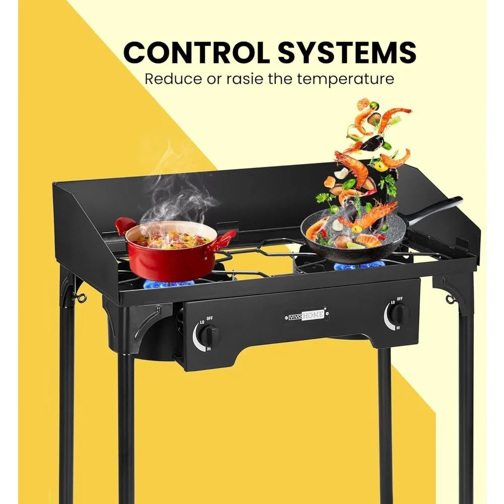 Dual Burner Propane Stove Outdoor Camping With Windshield