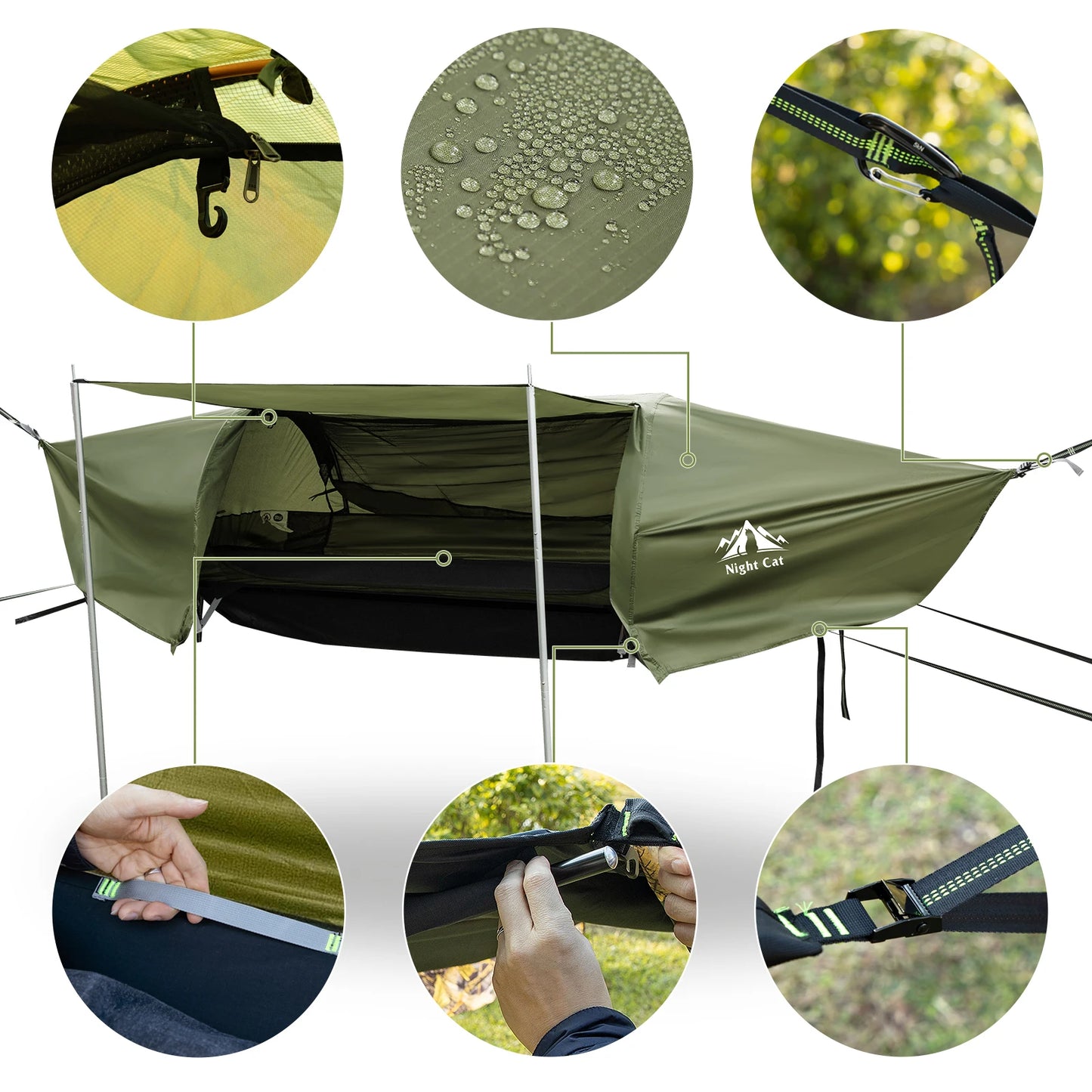 Night Cat Flat Lay Hammock Tent with Mosquito Net Waterproof Rainfly and Storage Room