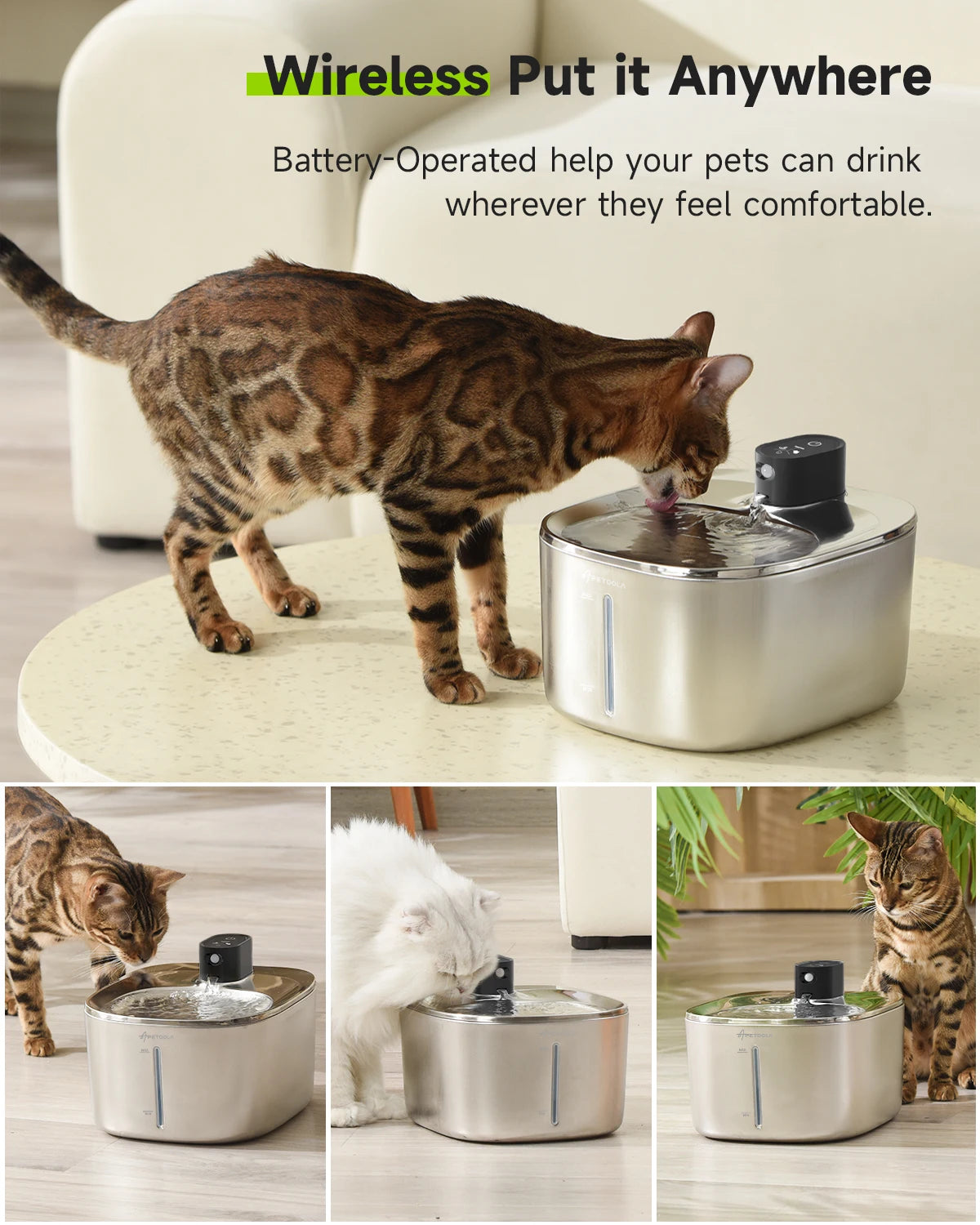 Wireless Cat Water Fountain Stainless Steel 4L Cordless