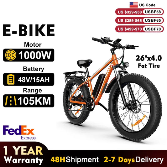 Orange 1000W Electric Bike For Adults 48V 15Ah Fat Tire Mountain Ebike 31 MPH - Get Outside Today 25