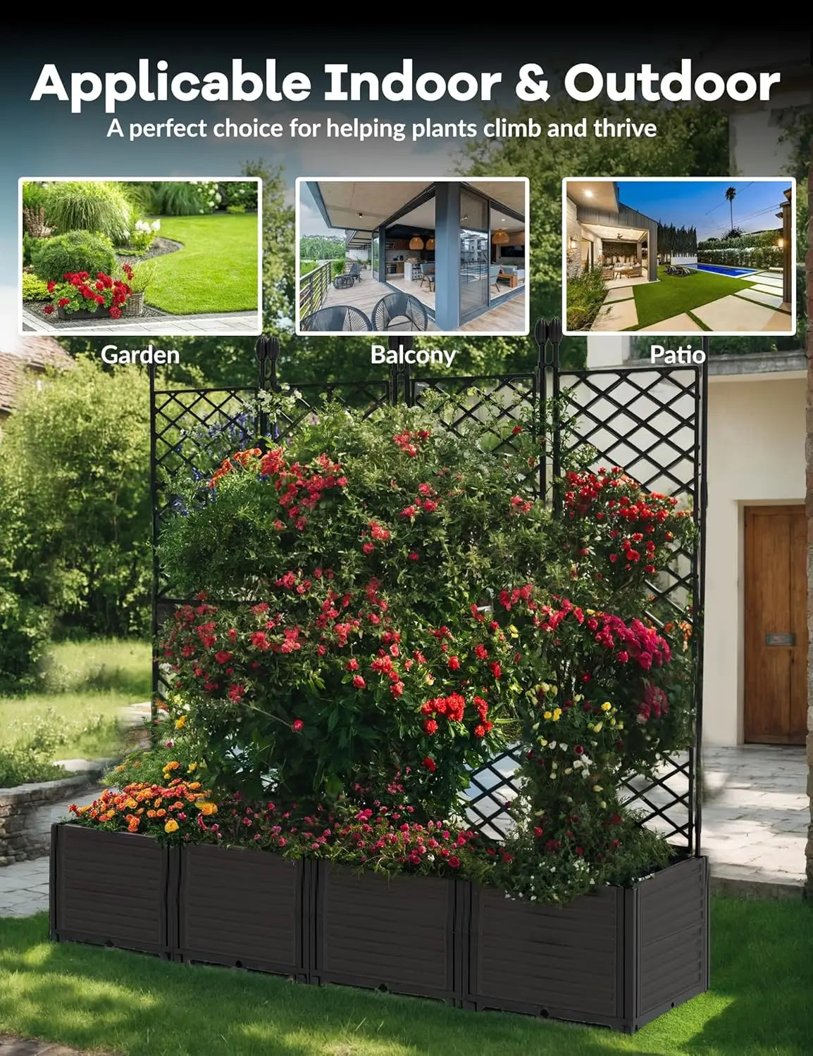 Plastic Plant Box with Metal Trellis Raised Garden Bed Planter for Climbing Plants Outdoor Privacy Screen