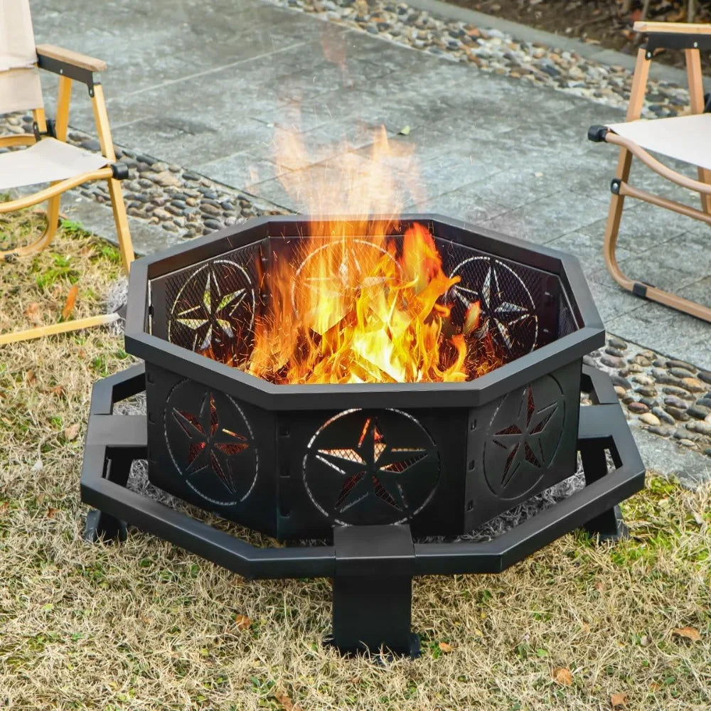 32 Inch Octagonal Outdoor Fire Pit Wood Burning With Poker