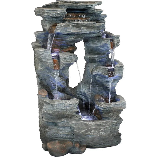 Dual Cascading Rock Falls 39 Inch Outdoor Water Fountain with LED Lights Electric Submersible Pump