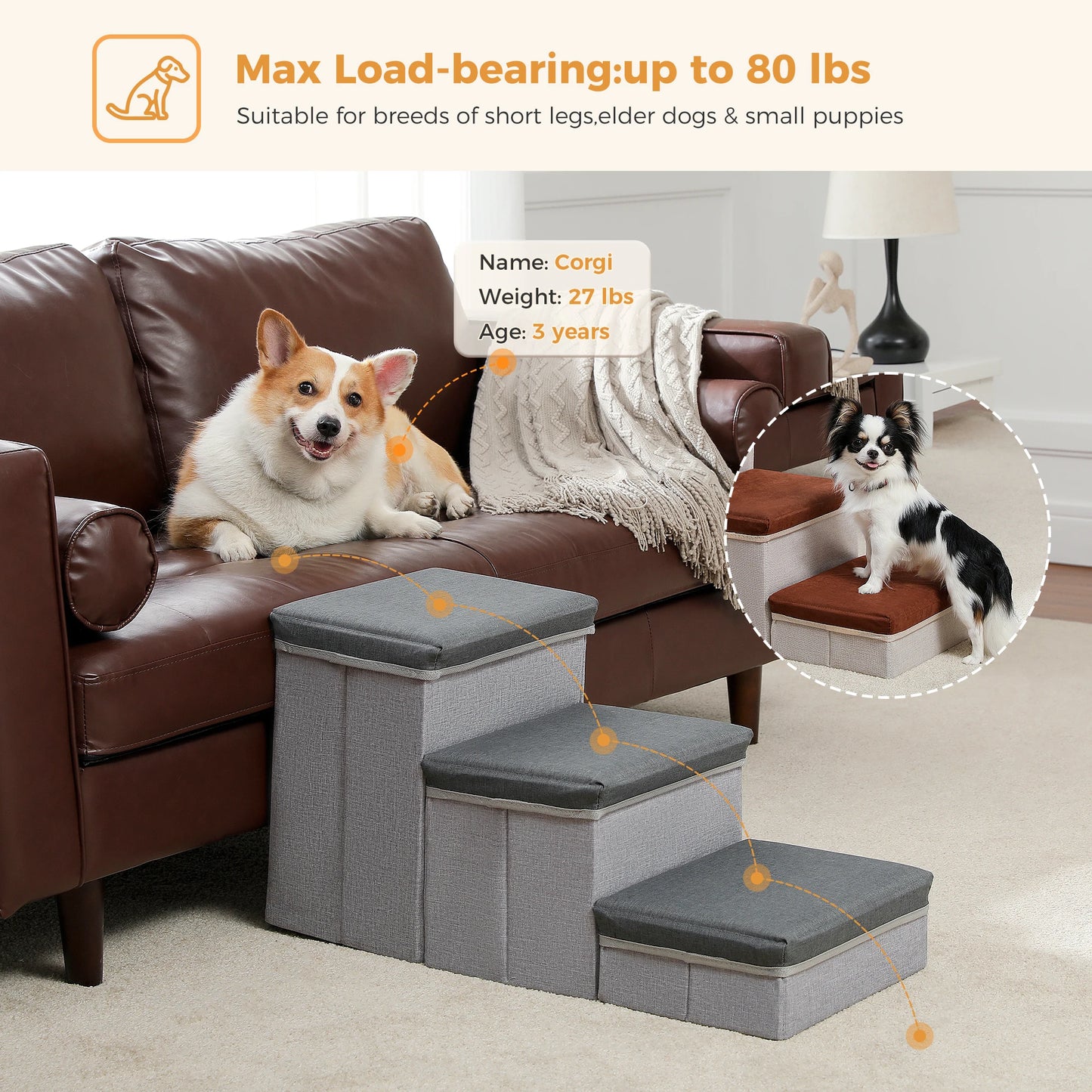 Three Tier Foldable Dog Stairs With Storage Box Indoor Use