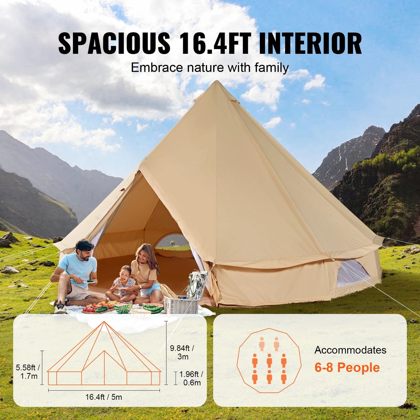 4 Seasons Canvas Bell Tent For Camping With Chimney Vent