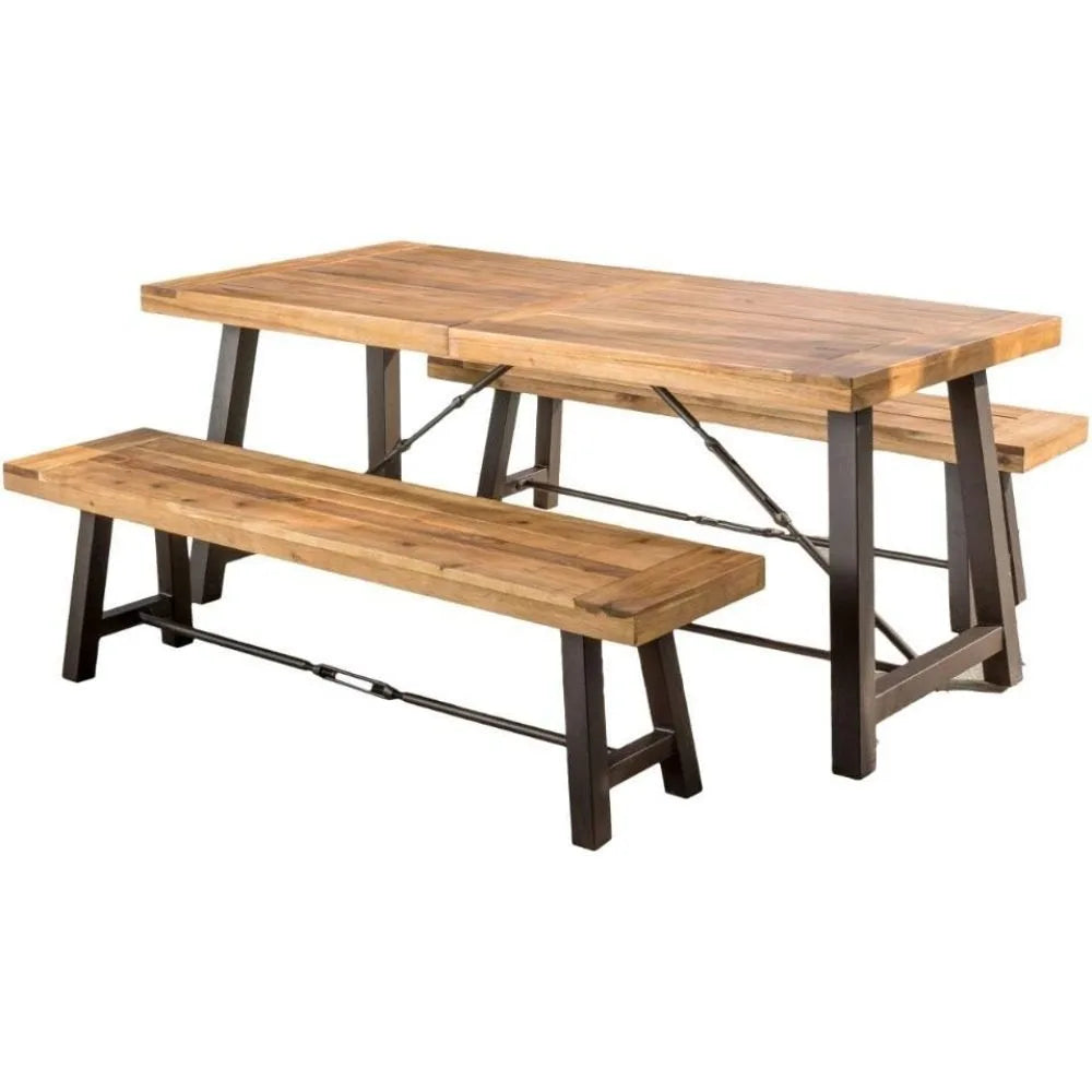 3 Piece Wood Outdoor Furniture Set with Two Benches and One Table