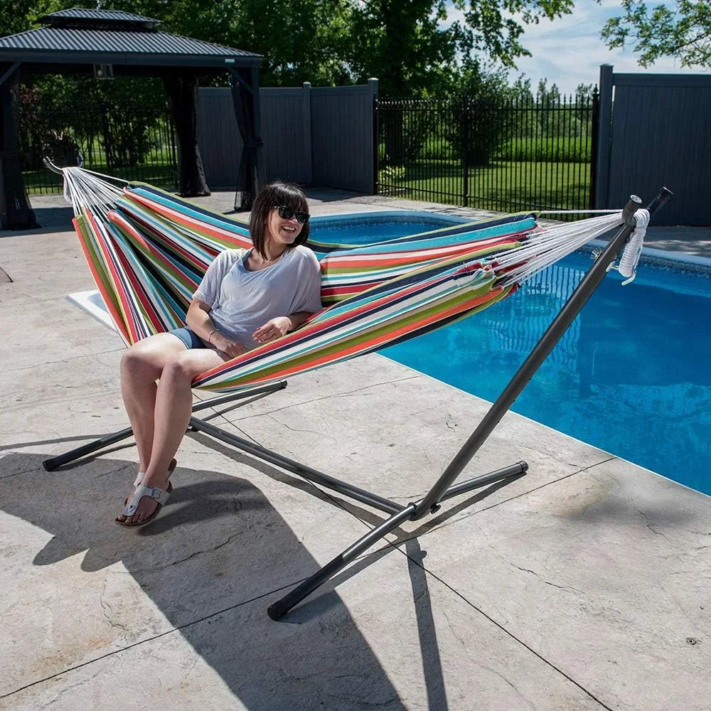 Sunbrella Double Hammock With Space Saving Steel Stand
