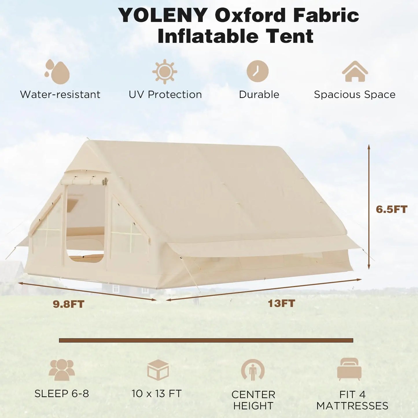 129 Square Feet Large Inflatable Camping Tent for 8 to 10 People Waterproof 4 Season Glamping Tent
