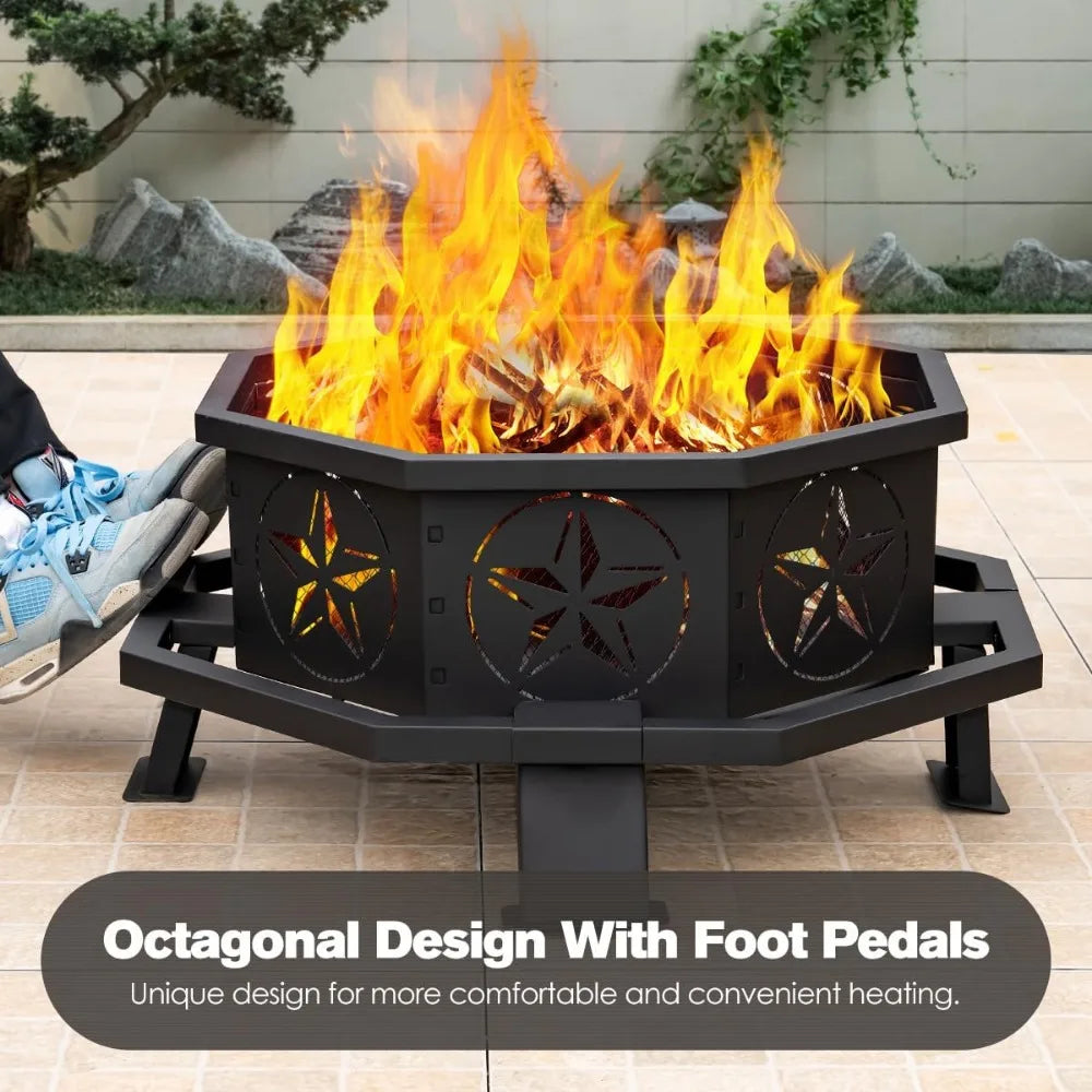32 Inch Octagonal Outdoor Fire Pit Wood Burning With Poker