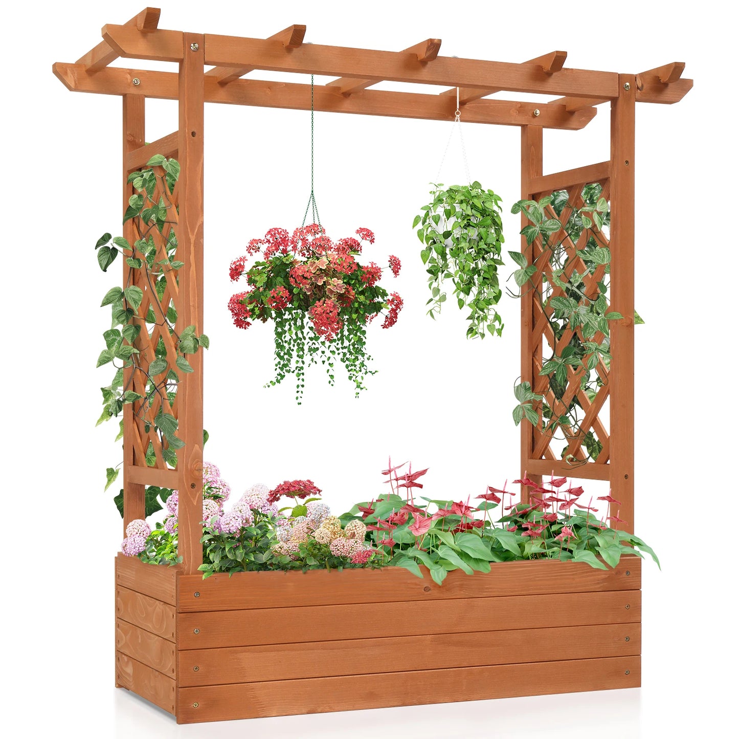 US Stock Raised Garden Bed 43.5 x 17.5 x 44.5 Inches Fir Arched Lattice Wooden Planting Frame Teak Color Outdoor Garden Balconies