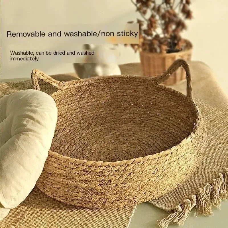Handwoven Rattan Cat Nest Four Seasons Warm Pad Washable