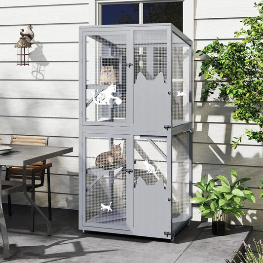 Grey Outdoor Cat Enclosure With Wheels Window Access