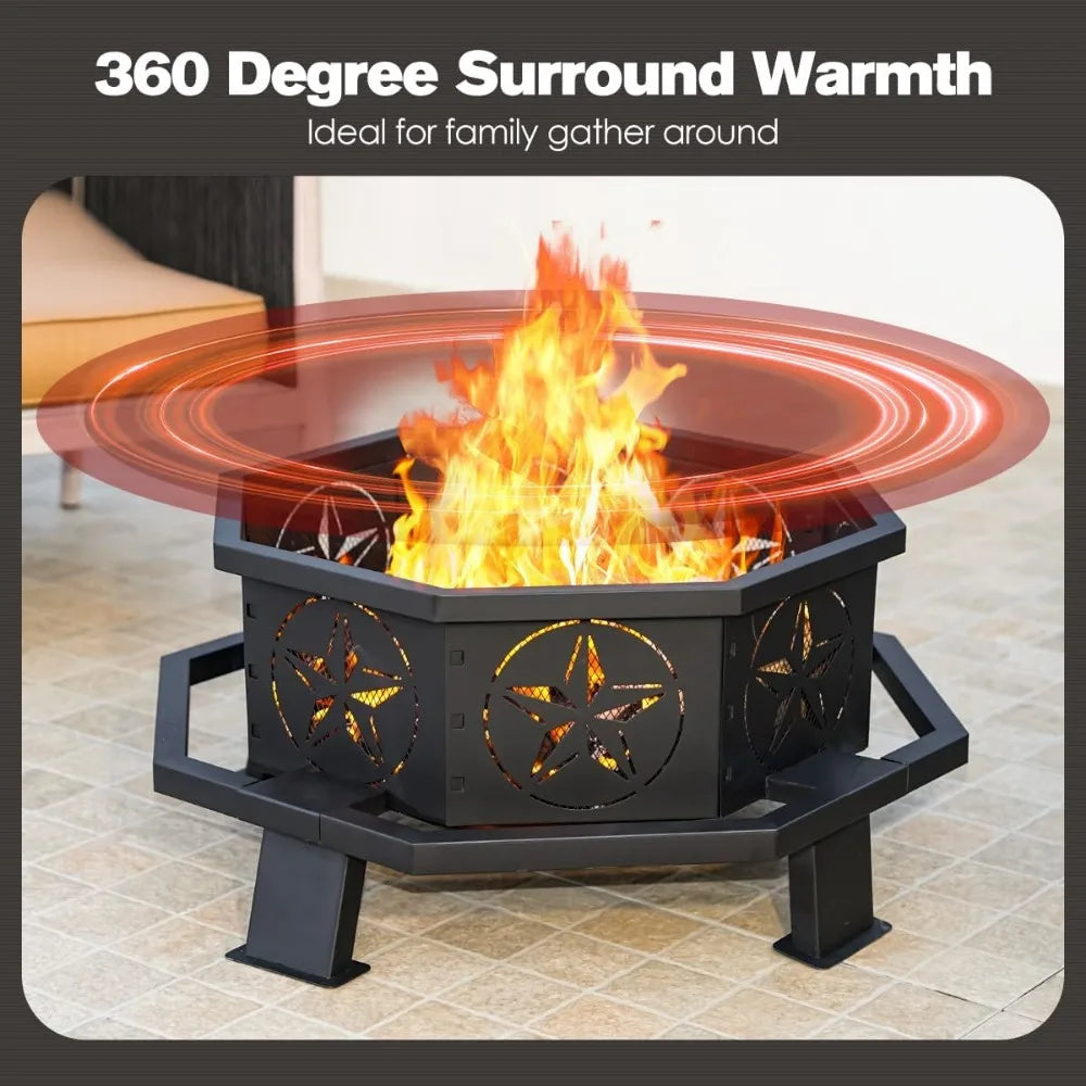 32 Inch Octagonal Outdoor Fire Pit Wood Burning With Poker