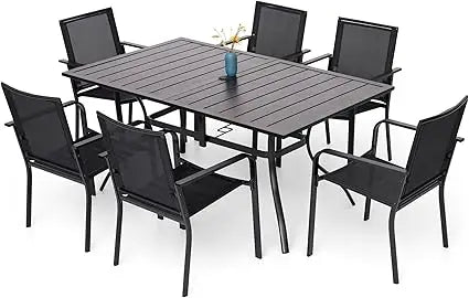 7 Piece Outdoor Patio Dining Set with 6 Stackable Chairs and Rectangular Table in Black