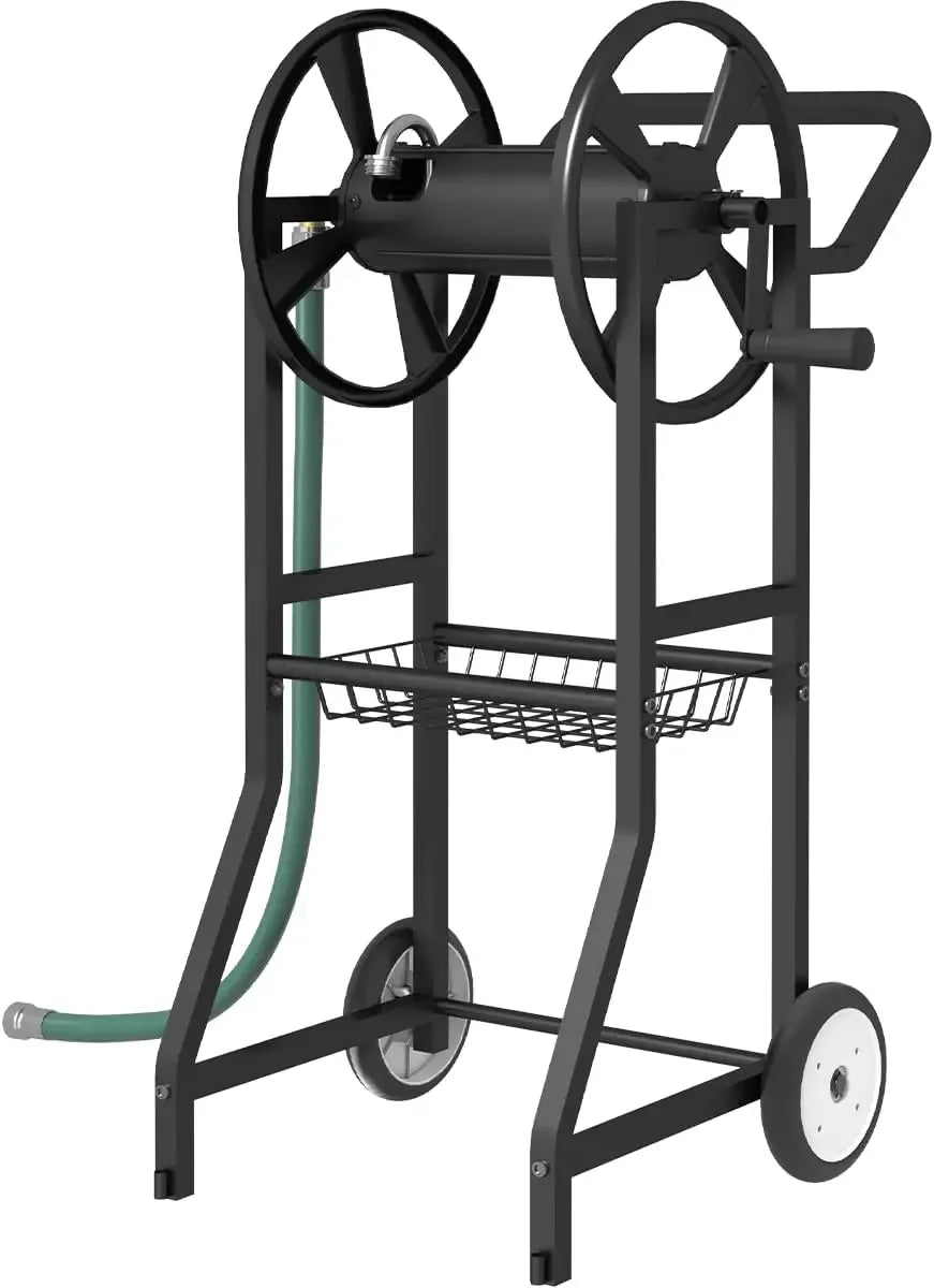 Garden Hose Reel Cart with Wheels Outdoor Heavy Duty Powder Coated Steel Water Winder Storage Holds 125 Ft 5/8 Inch Hoses with Leader Hose and Basket - Get Outside Today 25