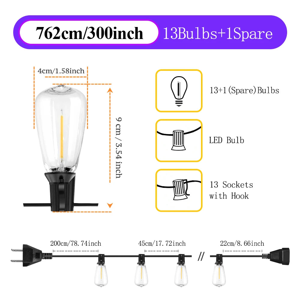 50ft 100ft 25ft LED Outdoor String Lights Shatterproof ST38 Bulbs Dimmable Connectable Warm White for Garden Porch