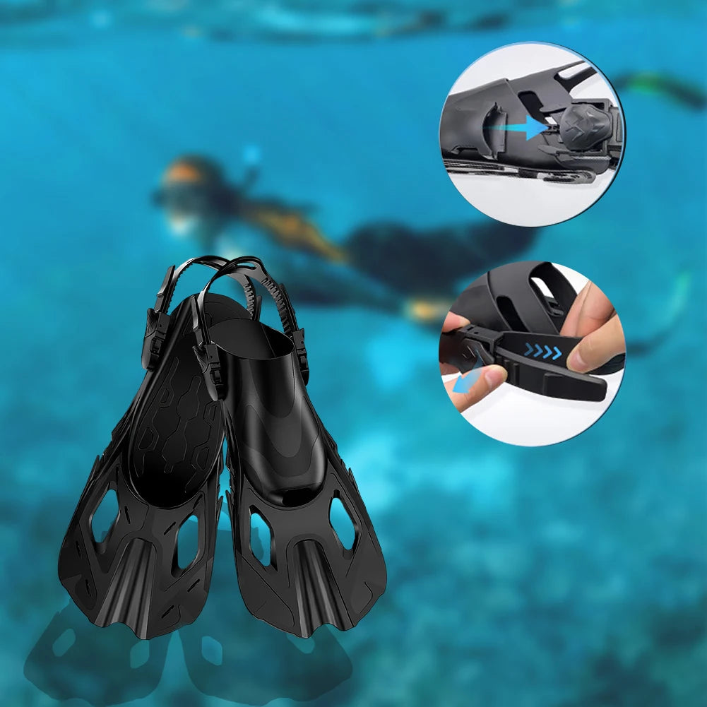 Snorkel Fins Adjustable Buckles Swimming Flippers Short Silicone Scuba Diving Shoes Open Heel Travel Size Adult Men Women