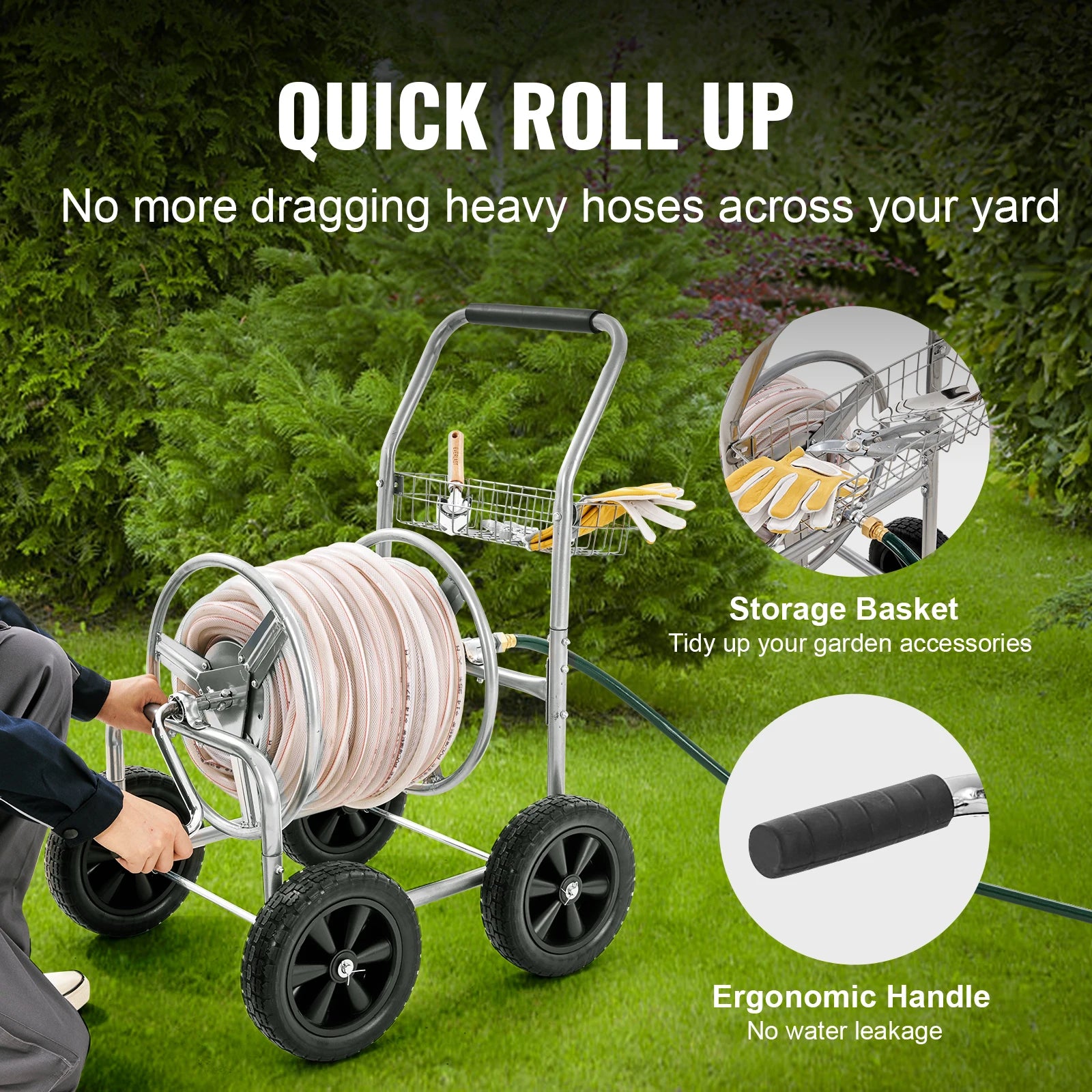 SucceBuy Hose Reel Cart 250ft Heavy Duty Garden Water Hose with Basket Effortless Roll-Up Steel Frame - Get Outside Today 25