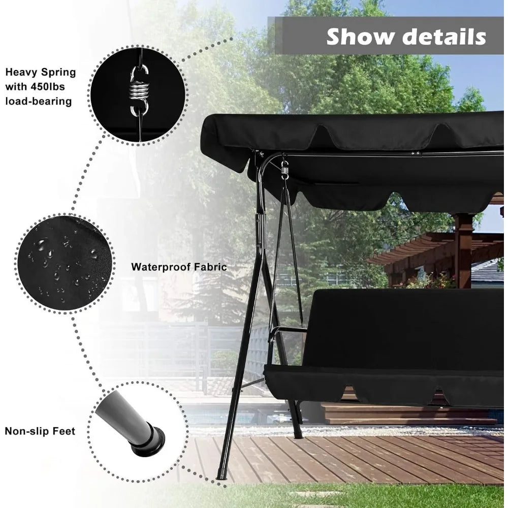 Outdoor Patio Swing Chair for Adults 3 Seat Porch Swing with Adjustable Canopy Removable Cushion Outdoor Furniture