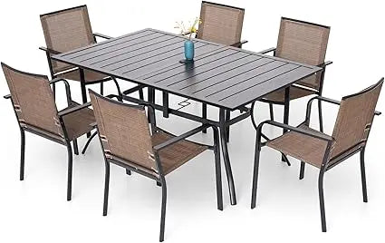7 Piece Outdoor Patio Dining Set with 6 Stackable Chairs and Rectangular Table in Black