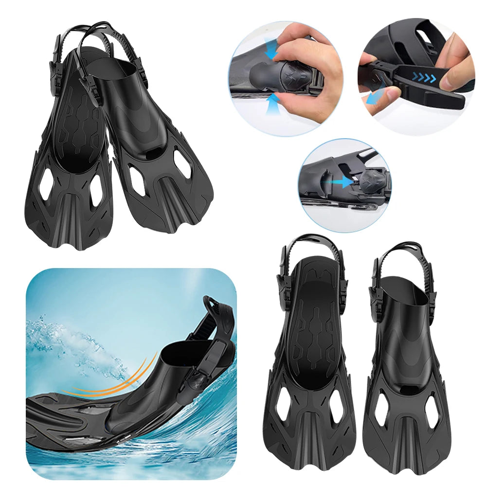 Snorkel Fins Adjustable Buckles Swimming Flippers Short Silicone Scuba Diving Shoes Open Heel Travel Size Adult Men Women