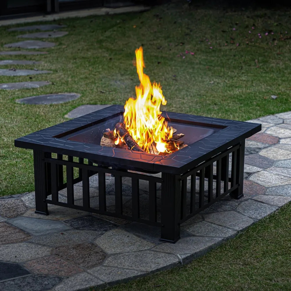 32 Inch Square Metal Fire Pit Table Outdoor Patio Heater For Backyard Garden Camping And Outdoor Heating