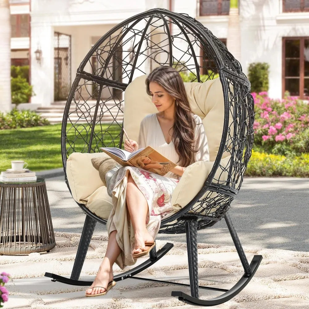 Outdoor Rocking Egg Chair with Cushioned Comfort Wicker Patio Rocker 250 Pound Capacity Anti-Slip All Weather Resilient Rattan