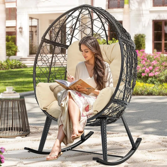 Outdoor Rocking Egg Chair with Cushioned Comfort Wicker Patio Rocker 250 Pound Capacity Anti-Slip All Weather Resilient Rattan