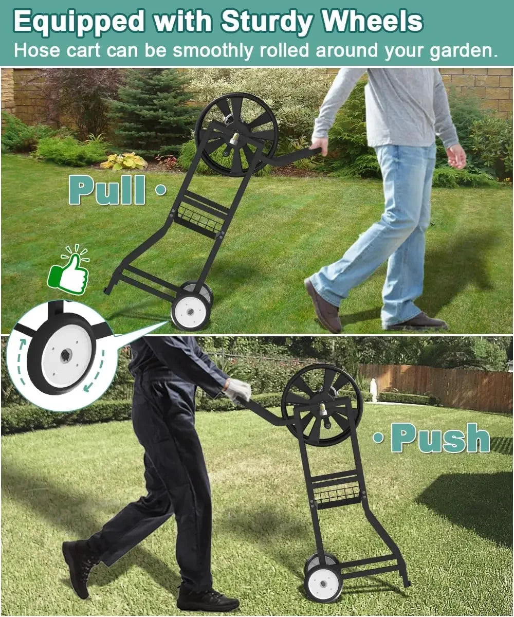 Garden Hose Reel Cart with Wheels Outdoor Heavy Duty Powder Coated Steel Water Winder Storage Holds 125 Ft 5/8 Inch Hoses with Leader Hose and Basket - Get Outside Today 25