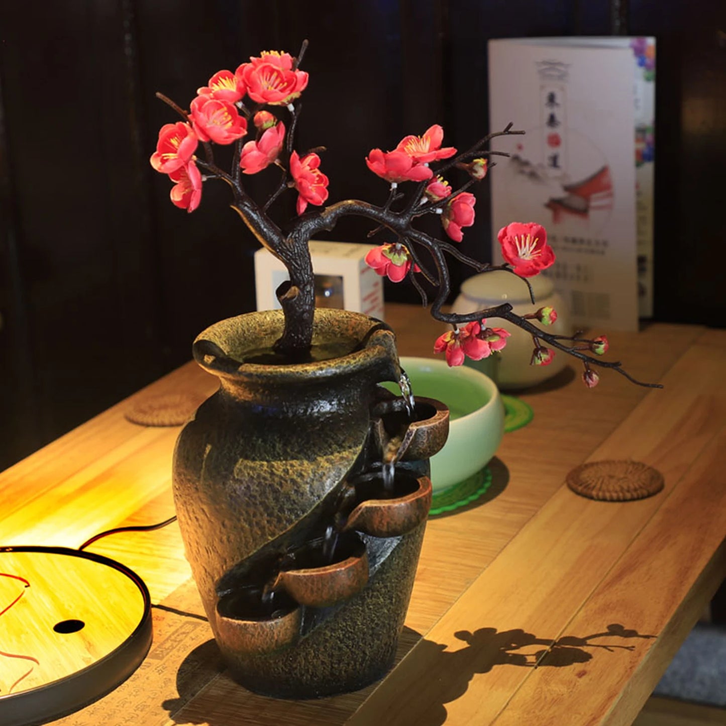 Water Fountain with Rock Led Light Mist Mini Fountain Water Humidifier Office Relaxation Decor Retro Zen Resin Desktop Vase