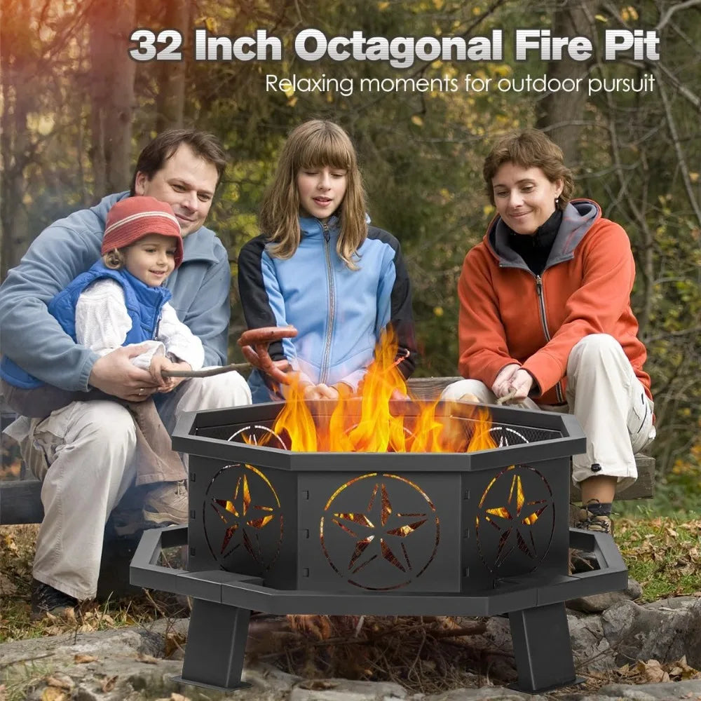32 Inch Octagonal Outdoor Fire Pit Wood Burning With Poker