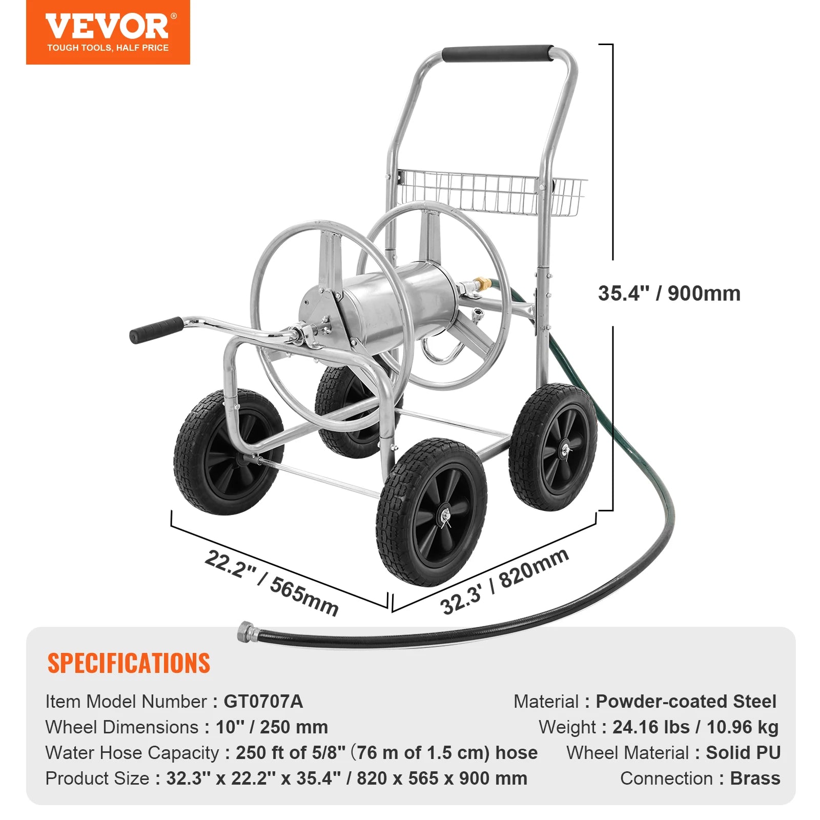 SucceBuy Hose Reel Cart 250ft Heavy Duty Garden Water Hose with Basket Effortless Roll-Up Steel Frame - Get Outside Today 25