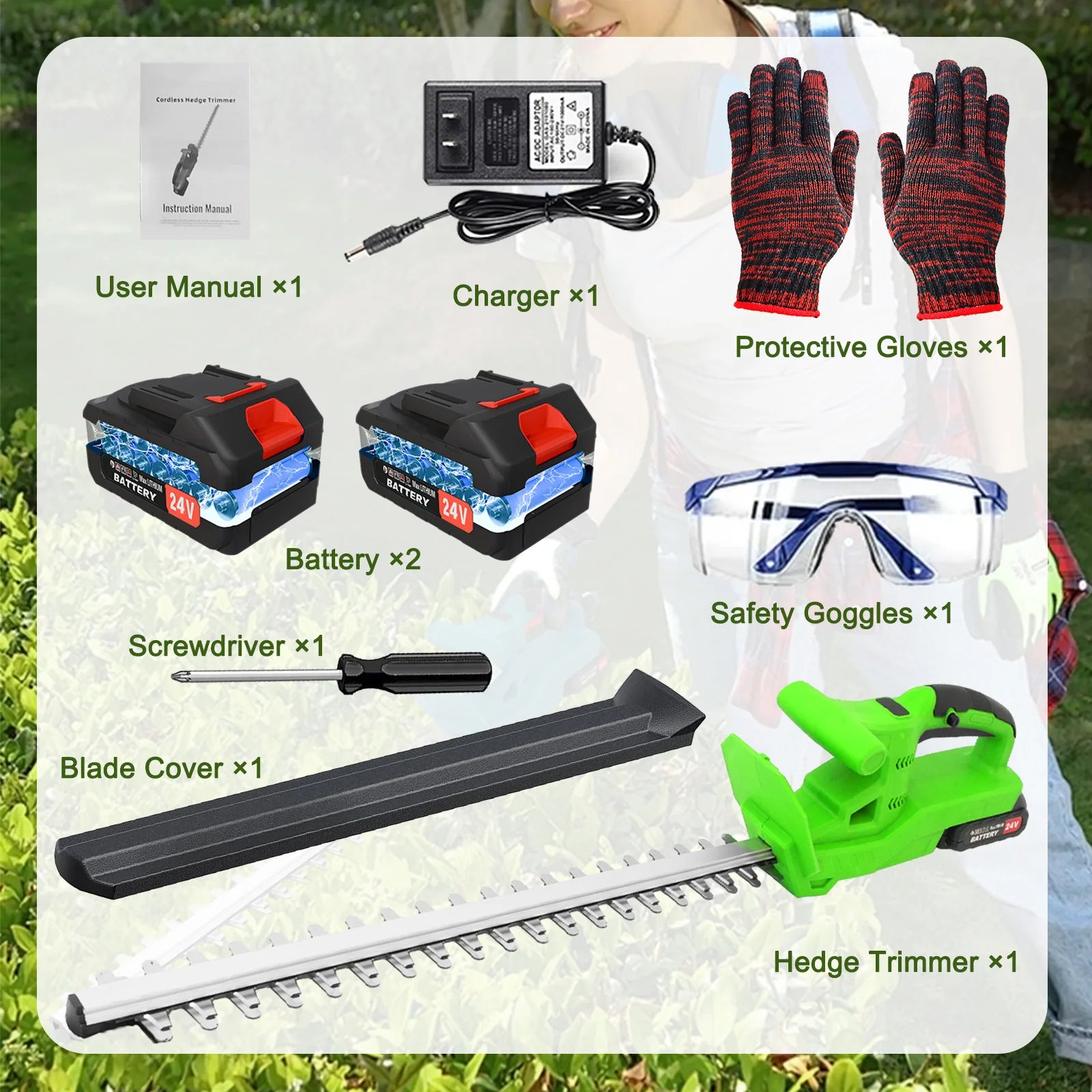 20 Inch Cordless Hedge Trimmer Dual Blade 24V With 2x1.3Ah Batteries And Charger - Get Outside Today 25