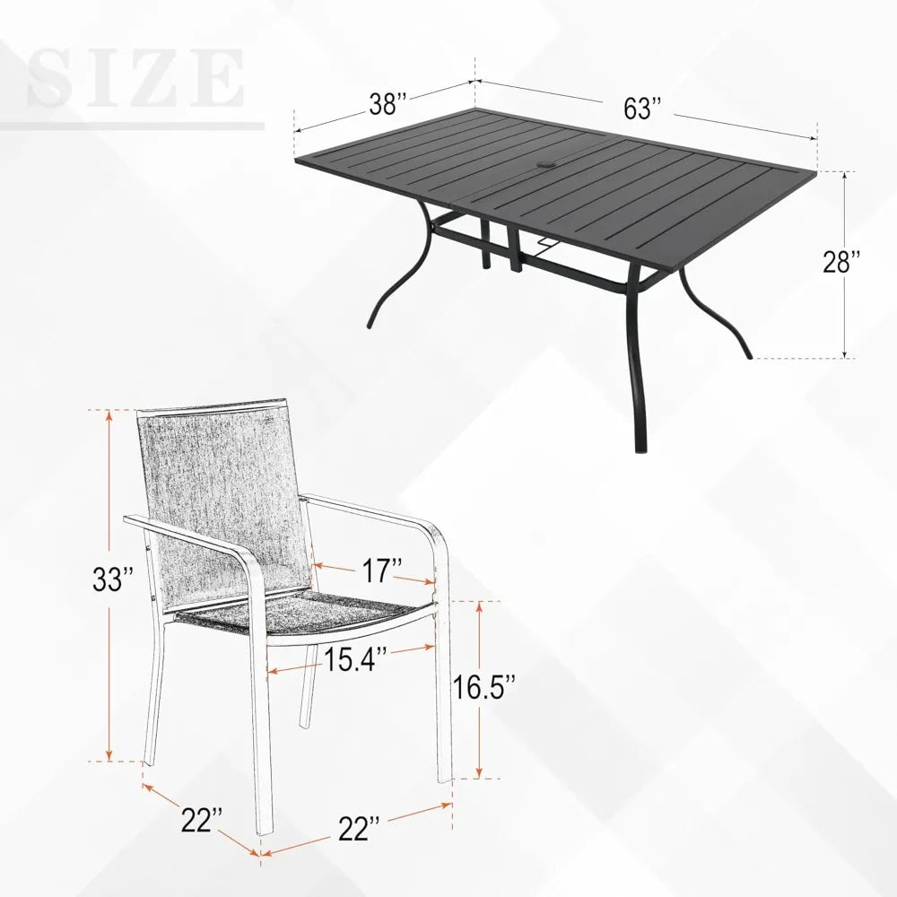 7 Piece Outdoor Patio Dining Set with 6 Stackable Chairs and Rectangular Table in Black