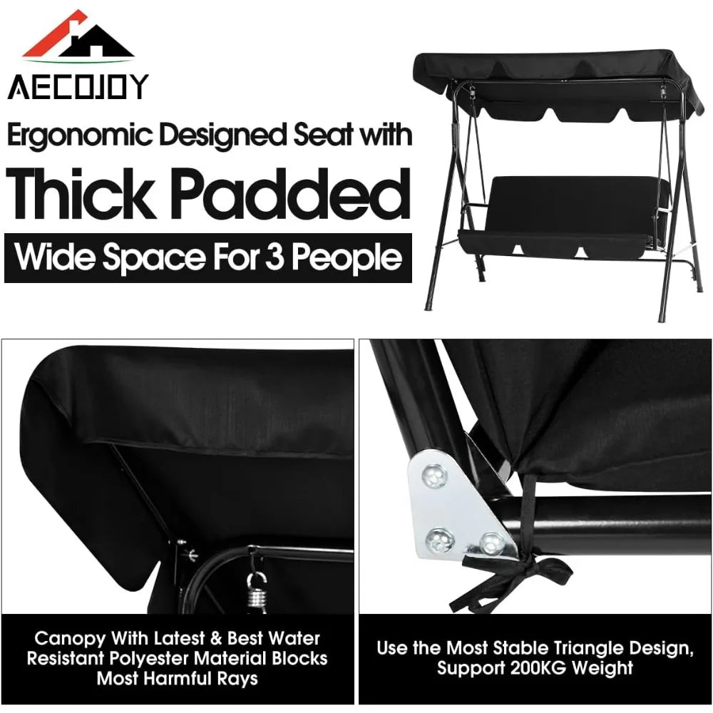 Outdoor Patio Swing Chair for Adults 3 Seat Porch Swing with Adjustable Canopy Removable Cushion Outdoor Furniture