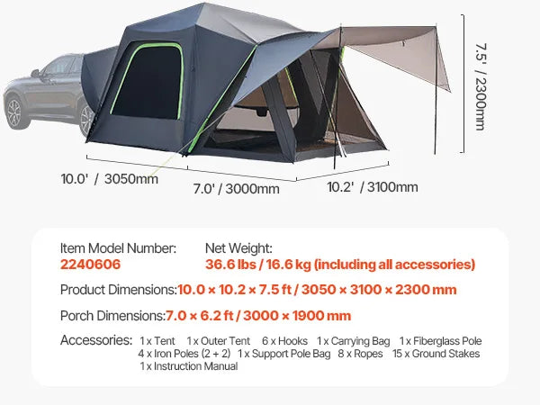 SucceBuy SUV Camping Tent Waterproof PU2000mm Double Layer Design Mesh Windows - Get Outside Today 25