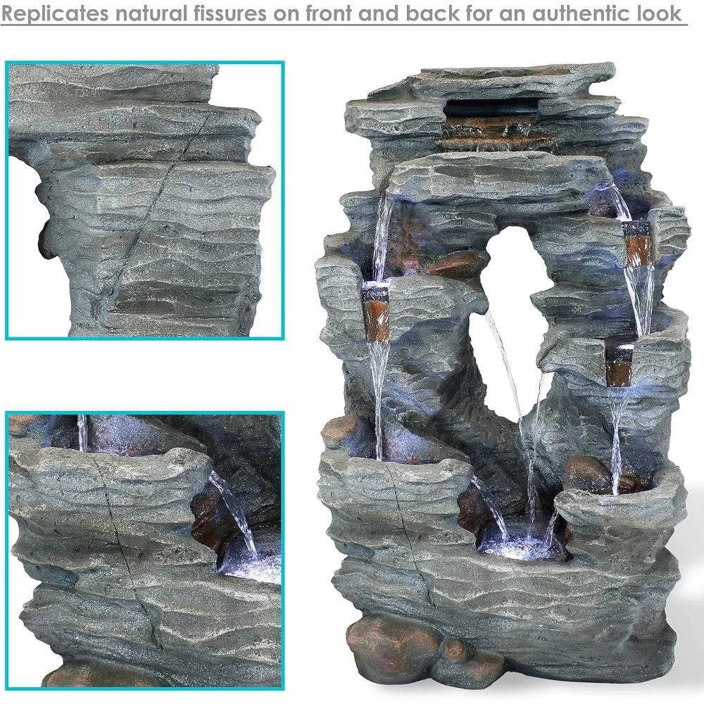 Dual Cascading Rock Falls 39 Inch Outdoor Water Fountain with LED Lights Electric Submersible Pump