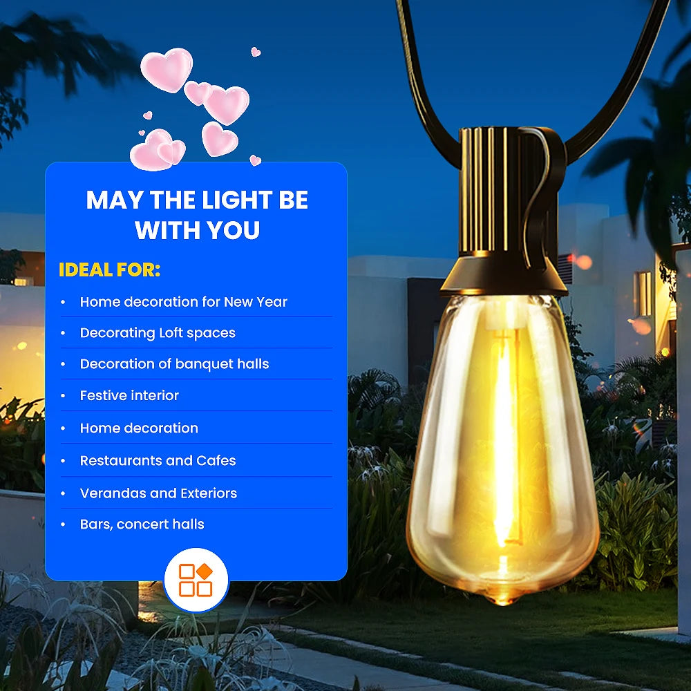 50ft 100ft 25ft LED Outdoor String Lights Shatterproof ST38 Bulbs Dimmable Connectable Warm White for Garden Porch