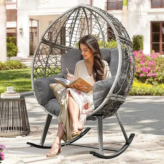 Outdoor Rocking Egg Chair with Cushioned Comfort Wicker Patio Rocker 250 Pound Capacity Anti-Slip All Weather Resilient Rattan