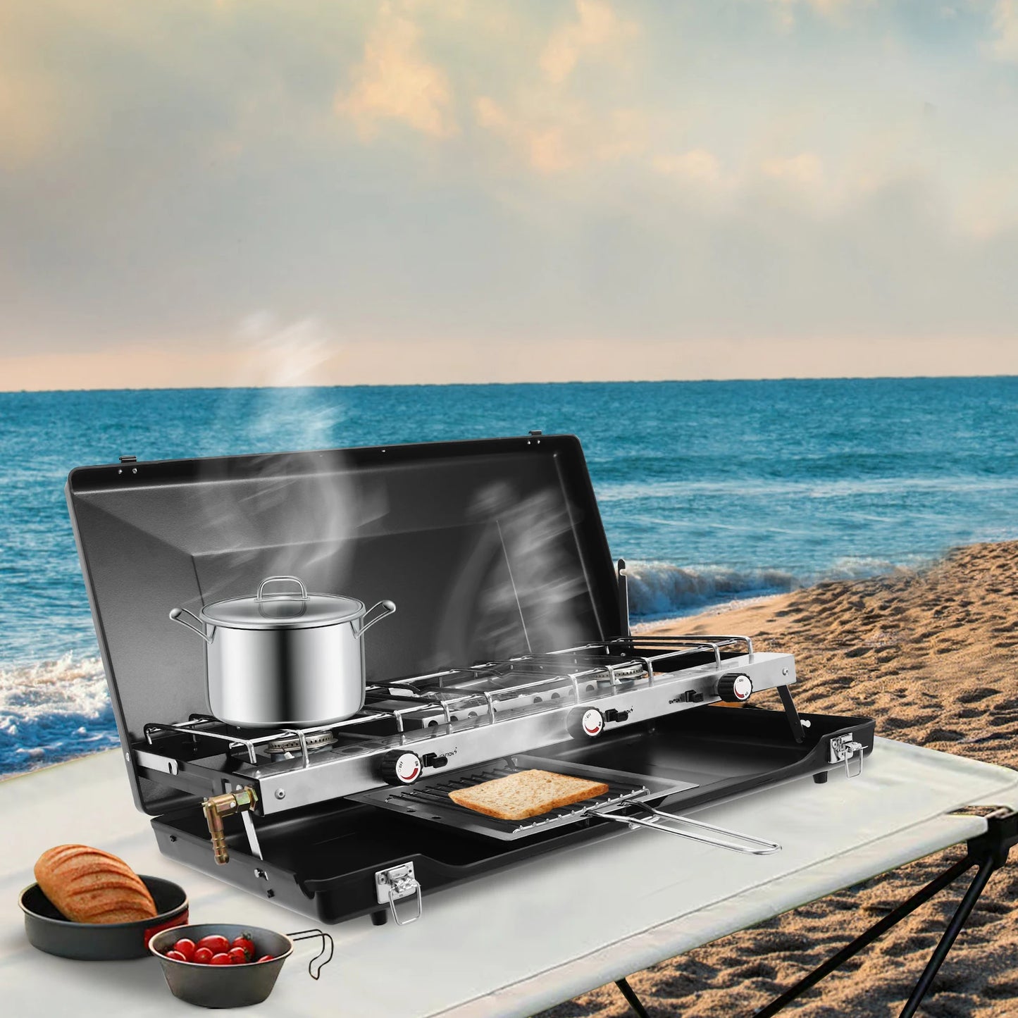 Portable 3 Burner Camping Stove With Griddle And Windshield