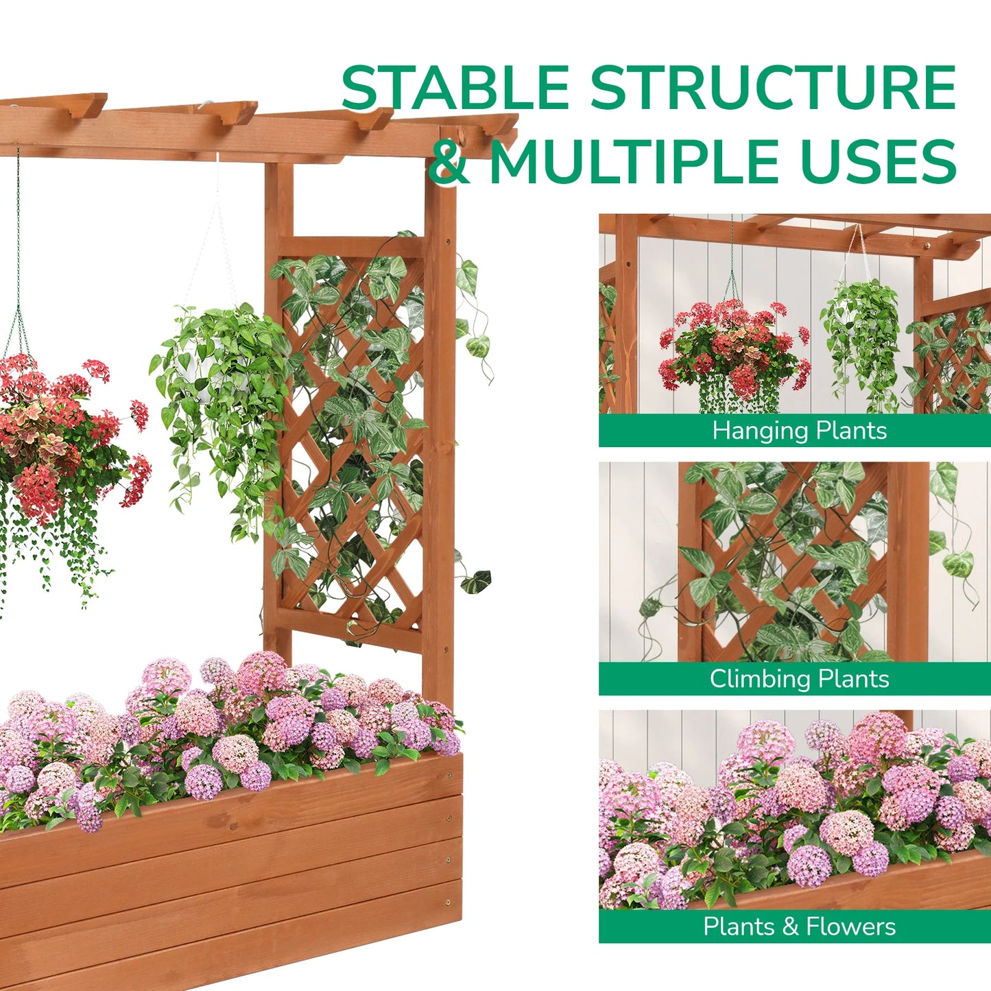 US Stock Raised Garden Bed 43.5 x 17.5 x 44.5 Inches Fir Arched Lattice Wooden Planting Frame Teak Color Outdoor Garden Balconies
